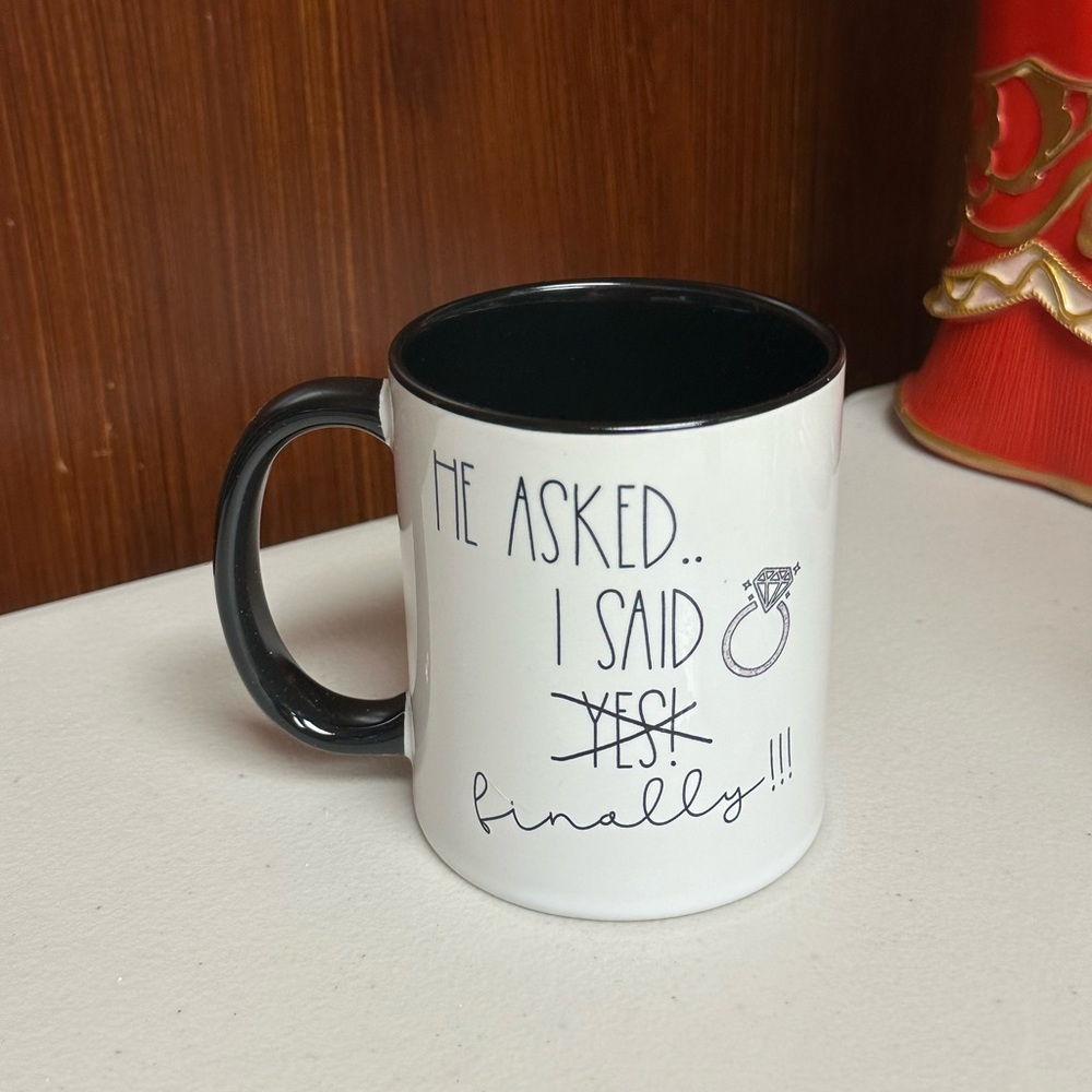 Coffee Mug two tone black for engagement 
He Asked I said Yes Finally